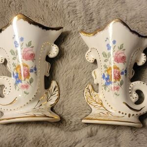 Floral Ceramic Vases with Gold Accents
